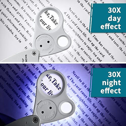 JARLINK 30X 60X Illuminated Jewelers Loupe Magnifier, Foldable Jewelry Magnifier with Bright LED Light for Gems, Jewelry, Coins, Stamps, etc - color: White