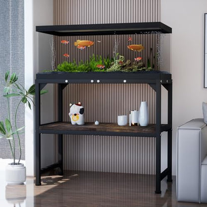 10-20 Gallon Fish Tank Stand, Metal Aquarium Stand with Adjustable Non-Slip Foot and Wooden Shelf, Reptile Tank Stand Easy to Assemble for Home Office, Firm and Steady(Tank not Included) - color: BLACK-01