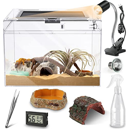 Reptile Polycarbonate Terrarium Kit 7 Piece Starter Habitat for Tarantula,Lizards,Frogs,Geckos,or Hermit Crabs,Tank with Escape-Proof Locking Lid,Light,Hygrometer,Hide,Tweezer,Bowl,Sprayer