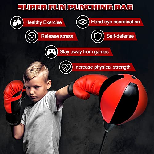 Punching Bag Set Toy with Boxing Gloves, Ideal Birthday for Kids Ages 3-8+ - color: Red