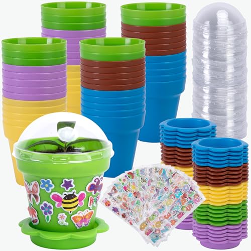 50 Packs Cupcake Plant Nursery Pots with Humidity Dome, Small Plastic Flower Plant Pots with 40 Sheet Stickers, Seeds Starter Pot Flower Planting Container for Seedlings Succulent Display (Mix Colors)