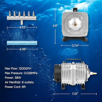 AquaMiracle Aquarium Air Pump Commercial Air Pump with Aluminum Housing, 600/1000/1200/1750GPH Fish Tank Bubbler Pond Aerator for Aquariums, Ponds, Hydroponics - style: 58W-1200GPH
