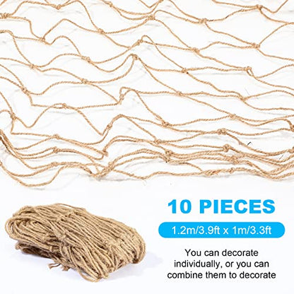 Boao Natural Fish Net Decorations for Pirate Party, Cotton and Linen Fishing Net Prop Pirate Ship Decoration for Hawaiian Fishnet Decor Nautical Themed Birthday Party Supplies(10 Pack)