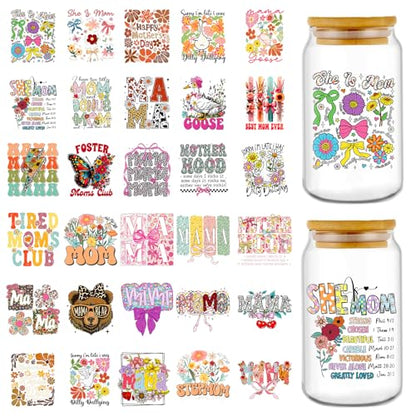 UV DTF Cup Wrap - 30 Pcs Mama UV DTF Stickers for 16 OZ, Mother's Day Flower Waterproof UVDTF Transfer Decals for Cups Glasses Mug DIY Crafts - style: Mama