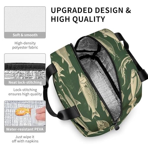 Lunch Bag Lnsulated Lunch Box Lunch Containers Retro Fish Printed Reusable Lunch Tote Bags for Women And Men Work, Travel, Outdoor