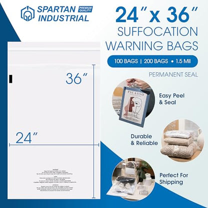 Spartan Industrial - 24” X 36” (100 Count) Self Seal Clear Poly Bags with Suffocation Warning for Packaging, T Shirts & Shipping - Permanent Adhesive - size: 24" X 36"