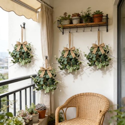 4 Pcs Small Eucalyptus Hanging Wreaths for Cabinets Artificial Greenery Mini Candle Ring Wreath with White Bud Stems and Linen Ribbon for Home Kitchen Front Door Window Wall Wedding Farmhouse Decor