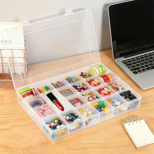 24 Grids Plastic Organizer Box with Removable Dividers Clear Multi Compartment Storage Container Small Crafts Organizer Box for Beads Jewelry Tackles Nail Charm Button Sticker (1Pcs)