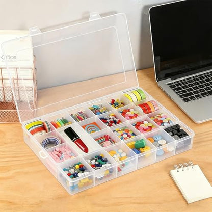 24 Grids Plastic Organizer Box with Removable Dividers Clear Multi Compartment Storage Container Small Crafts Organizer Box for Beads Jewelry Tackles Nail Charm Button Sticker (1Pcs)