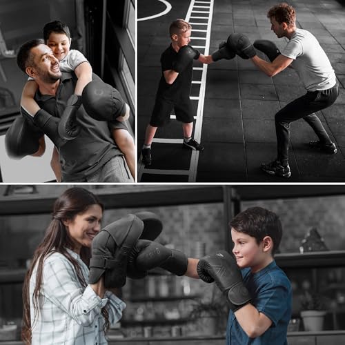 RDX Kids Boxing Pads and Gloves Set, Maya Hide Leather Kara Junior Hook and Jab Curved Focus Mitts Punching Gloves for MMA - color: BLACK