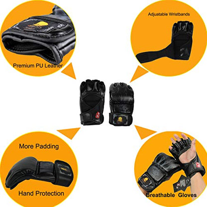 ZooBoo MMA Gloves, Half-Finger Boxing Fight Gloves MMA Mitts with Adjustable Wrist Band for Sanda Sparring Punching Bag Training - color: Black