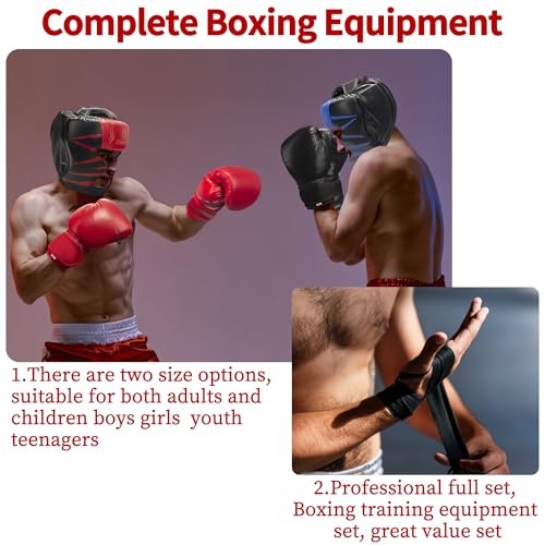 8-Piece Boxing Gloves Set with 2 Headgear and 4 Hand Wraps, PU Leather Black Red Protective Gear for Men, Women, Kids, and Youth MMA Training Sparring - size: Large