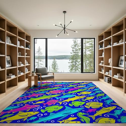 9'x12' Washable Graphic Fish Oversized Rug, Blue Non-Shedding Pet Friendly Carpet Foldable Easy Care Mat for Master Suite, California King, Under Bed | Ref:1885990