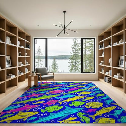 9'x12' Washable Graphic Fish Oversized Rug, Blue Non-Shedding Pet Friendly Carpet Foldable Easy Care Mat for Master Suite, California King, Under Bed | Ref:1885990