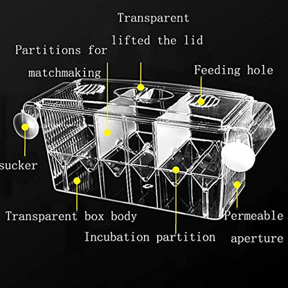 Fish Breeding Box, 3 Rooms HD Aquarium Breeder Box with Suction Cups Hatchery Acrylic Fish Incubator Isolation with Artificial Plant for Guppy Hatchery - size: 3 Rooms