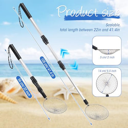4 Pcs Shark Tooth Sifter Beach Sand Sifter Set 41.4" Adjustable Beach Sand Scoop Shell Scooper with Long Handle for Picking up Shells Beachcombing Rock Hunting