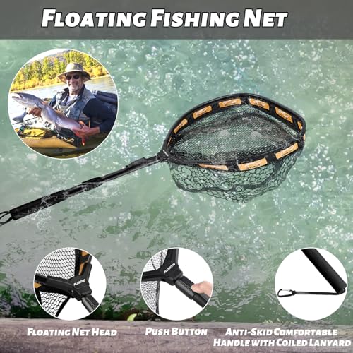 PLUSINNO Fishing Net Fish Floating Landing Net, Kayak Nets with Fixed Foldable Telescopic Pole Handle, Bass Trout Fishing Nets with Nylon Mesh for Pond Lake River, Fishing Gear Gifts for Men Anglers