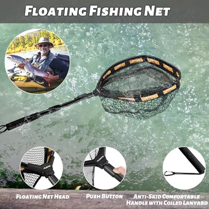 PLUSINNO Fishing Net Fish Floating Landing Net, Kayak Nets with Fixed Foldable Telescopic Pole Handle, Bass Trout Fishing Nets with Nylon Mesh for Pond Lake River, Fishing Gear Gifts for Men Anglers