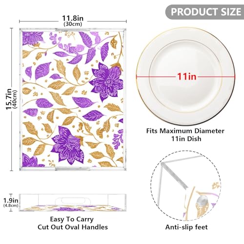 Acrylic Tray Clear Serving Vanity Ottoman Bathroom Coffee Table Countertop Organizer Raised Edge Spill Proof Purple Paisley Goild Leaf - color: Purple Paisley Goild Leaf