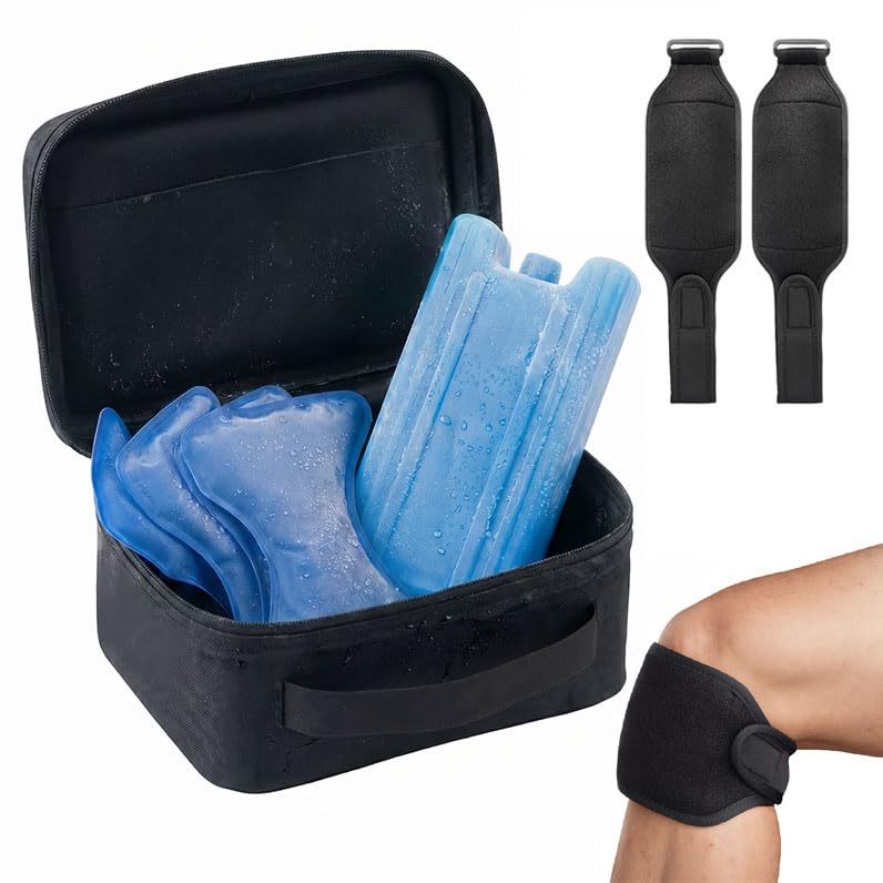 Reusable Ice Pack Wrap Kit for Knee, Long Lasting Cold Packs | Pain Relief & Sports Recovery, Wearable & Portable, 4 Gel Packs, 2 Wraps, Ice Block & Insulated Cooler Bag