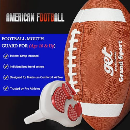 LeCool Football Mouth Guard with Connected Strap- 3D Beast Chrome Adult and Youth Mouth Guard-Mouth Piece for Sports for Maximum Air Flow and Teeth Protection - color: White-red