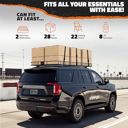 Mockins 90"x50"x6" XXL Heavy Duty Roof Rack Cargo Basket 2-Size Extendable | 250 Lbs Cap Steel Luggage Carrier for Car Rooftop Set w/ Straps| All-Weather Roof Cargo Carrier for SUV, RV, & Large Vehicles - size: Basket: 90"x50"x6"