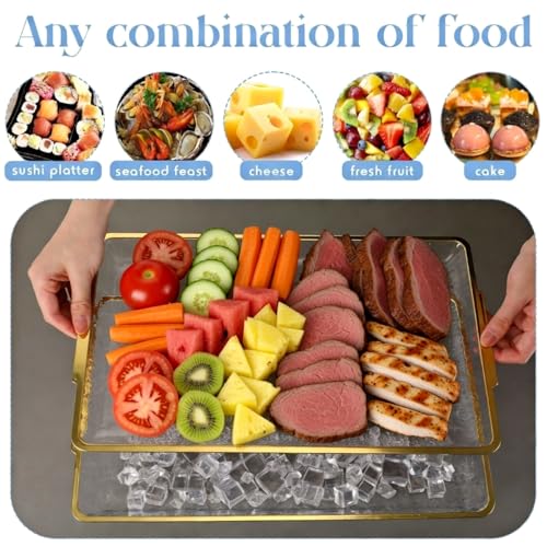 1 Set 16" x 9" Chilled Serving Tray for Parties with Compartments Ice Chilled Party Crudite Platter Charcuterie Serving Board Cold Dish Dip Tableware for Seafood Vegetable (Gold Glitter)