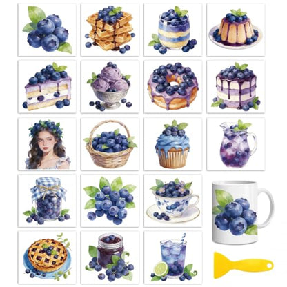 Peacoblue 18 Sheets Rub on Transfers for Crafts, Blueberry Bread Series 3.6"x3.9" UV DTF Cup Wraps Waterproof Cold Transfers Stickers for Wood Glass Metal Cup Tumblers Mirrors Mugs Home Decor - style: Blueberry Bread Series