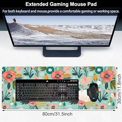 Colorful Flowers and Berries Desk Mat,Large Beautiful Floral Branches Gaming Keyboard Mouse Pad,Non-Slip Rubber Base Desk Pad Thick Stitched Edges Waterproof Mousepad Mouse Mat 31.5"x11.8" - color: Colorful Flowers and Berries