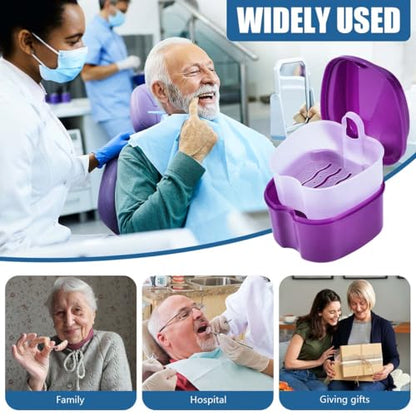 KISEER Purple Denture Bath Case Cup Box Holder Storage Soak Container with Strainer Basket for Travel Cleaning - color: Purple