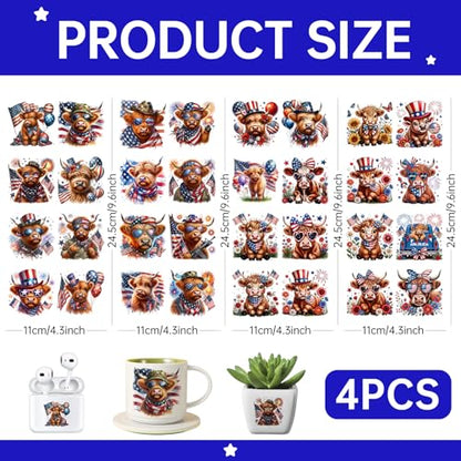 4 PCS Patriotic Highland Cows UV DTF Cup Wrap High Viscosity Stickers for Glass Mugs Notebooks Laptops - style: Patriotic Highland Cows