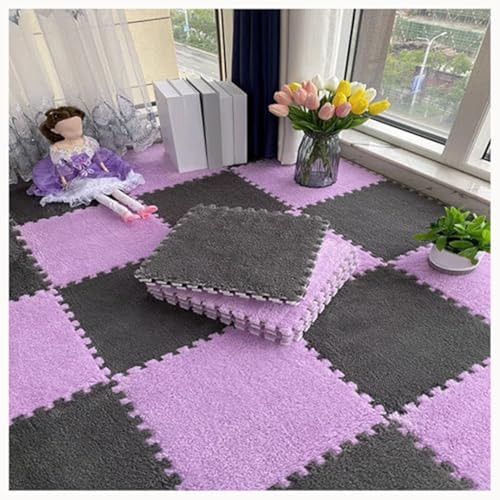 24Pcs Plush Foam Floor Mat Square Interlocking Carpet Tiles 12X12 Inch Puzzle Piece Carpet Squares Thick Fluffy Foam Floor Tiles Carpet for Parlor Bedroom (Gray + Purple) - color: Gray + Purple