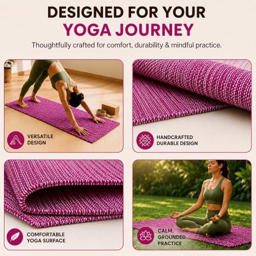 LFH Home Handmade Cotton Yoga Mat Cotton Rug picnic mat For Exercise, Workout, Fitness - Perfect Heavy Quality Eco Friendly Natural Cotton Woven Reversible Yoga Mats for Men & Women - 72x26 Inch. - color: Magenta
