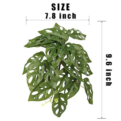 2Pack Reptile Fake Plants for Terrarium, Snake Tank Accessories, Habitat Decor Artificial Hanging Plants with Suction Cup - Fake Swiss Cheese Plants Monstera Adansonii