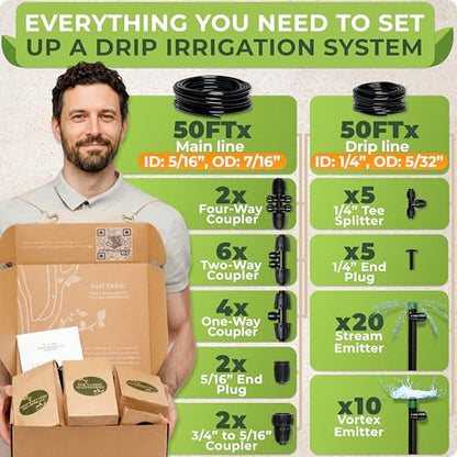 Drip Irrigation System Kit - Complete Quick Connect Garden Watering System with Adjustable Sprinkler Emitters, 5/16" & 1/4" Tubing - Drip Line for Raised Beds, Greenhouse