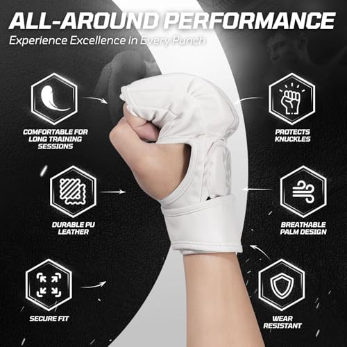 Flexzion MMA Gloves Fingerless Boxing Gloves for Men Women and Teen Youth, UFC Grappling Krav MAGA Kickboxing Gloves for Training Punching Bag Muay Thai Hitting Mitts Cutoff Martial Art Gloves - color: White
