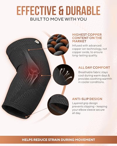 TheraCopper Copper Elbow Compression Sleeve for Men & Women (Large, 2 Pack) - size: Large