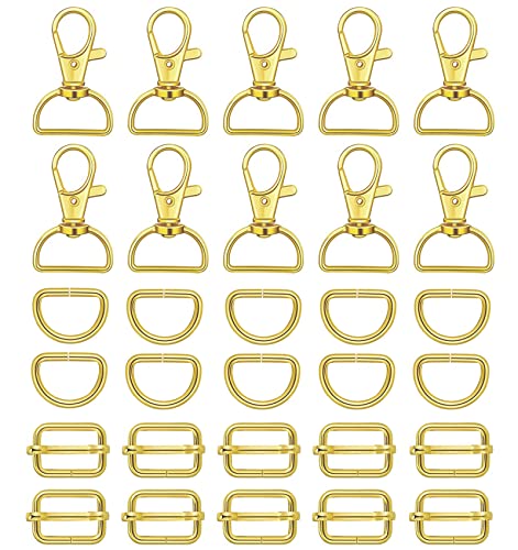 WAFJAMF 30Pcs Purse Hardware Swivel Snap Hooks D Rings Slide Buckles 1 In | Heavy duty metal clasps set for handbag making, DIY craft, strap, backpack, lanyard keychain & handbag fasteners, gold - color: Gold, size: 1” Inside Width