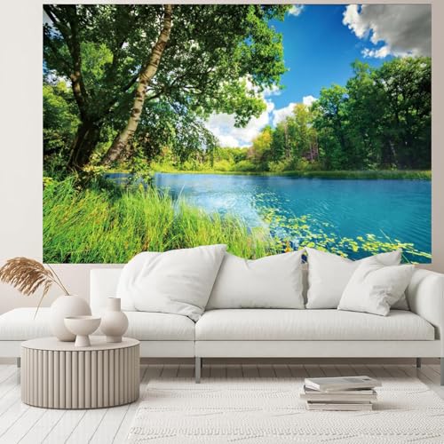 Polyester 7x5ft Park Scenery Backdrop River Blue Water and Tree Forest Garden Blue Sky Outdoor Picnic Spring Background Camping Hiking Photo Background Countryside Field Backdrop - size: 7x5ft