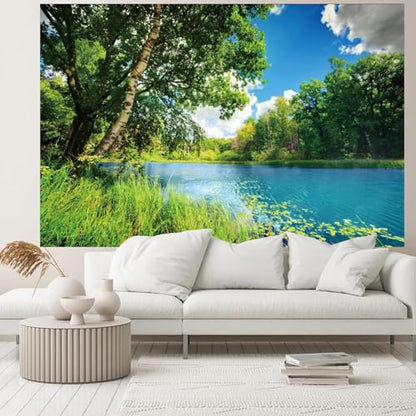 Polyester 7x5ft Park Scenery Backdrop River Blue Water and Tree Forest Garden Blue Sky Outdoor Picnic Spring Background Camping Hiking Photo Background Countryside Field Backdrop - size: 7x5ft