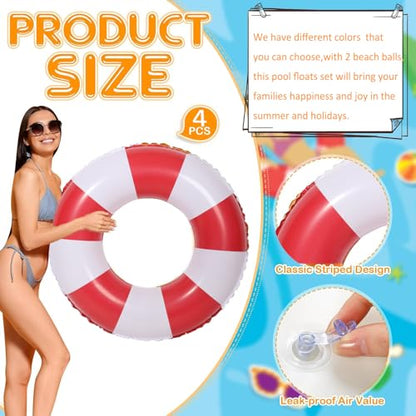 4 PCS Striped Inflatable Pool Floats for Swimming Pool Party Lake Beach Adults - Floaties Pool Tubes Swim Rings Tubes Floaties for Beach Pool Party Decorations