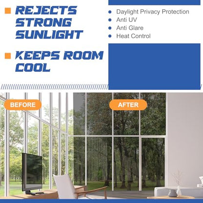 36 Inchx26 ft One Way Window Film Daytime Privacy Reflective Mirror Window Tint Sun Blocking Thermal Insulated Film Heat Control Static Cling Tint Anti UV Home Office (Black Silver) - color: Black Silver, size: 36 inch x 26 ft