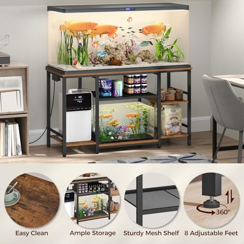 MAHANCRIS 55-75 Gallon Fish Tank Stand with Power Outlet, 3-Tier Metal Frame Aquarium Stand, Heavy Duty Reptile Terrarium Tank Stand, 52.0"L x 19.7"W x 29.9"H, 800 LBS Capacity, Rustic Brown FTHR55E01 - color: Rustic Brown