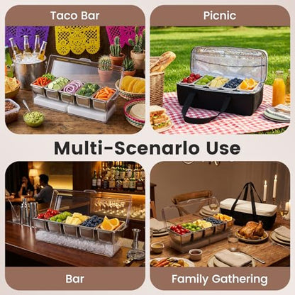 Chilled Condiment Caddy with 5 Removable Stainless Steel Compartments, Includes Portable Insulated Tote Bag and 2 Ice Packs, Serving Tray for Picnic, Outdoor, Party and Travel
