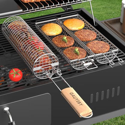 Rolling Grill Basket, Grill Baskets for Outdoor Grill, REMOVABLE HANDLE, Anti-Scorch Stainless Steel BBQ Net Tube for Meat, Shrimp, Vegetables, Grill Accessories, Gifts for Dad, Husband (Round)