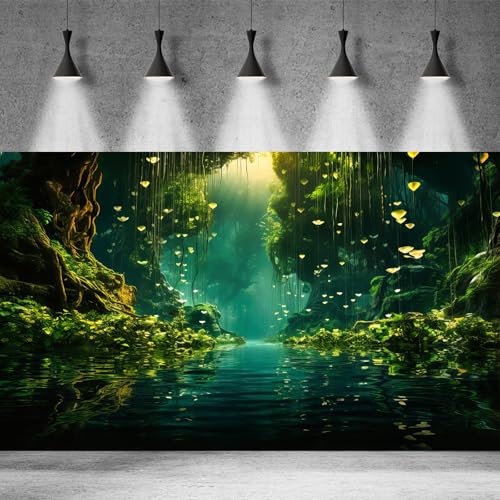 Jungles Aquarium Background Dense Rainforest Tranquil Lake Terrarium Background Foggy Sunbeams Forest Jungle Style Theme Fish Tank Backdrop Wallpaper Tank Poster Decorations Vinyl 24x12in