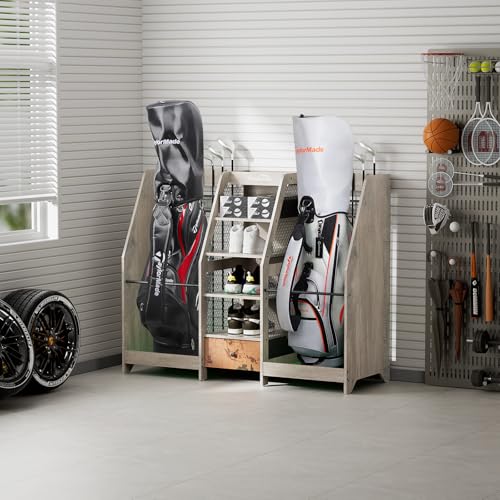 Golf Bag Storage Organizer Holds 2 Golf Bags for Garage - Wooden Rack - color: Grey