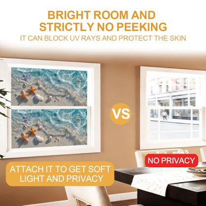 Window Privacy Film 17.3 x 39.3 Inch Seashell Beach Window Film Static Cling Decorative Window Covering for Bathroom Kitchen Decor