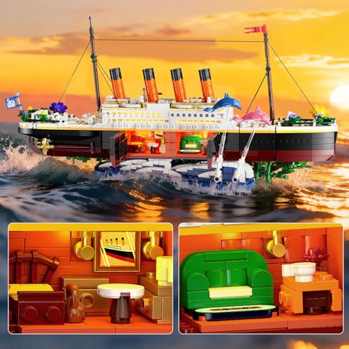 INSOON Botanical Titanic Ship Building Set with Lights, 1860 PCS Floral Display Model, Home Decor Building Kit for Adults, Unique Gift for Women, Flower and Titanic Lovers