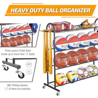 PLKOW Rolling Ball Storage Rack with Bat Holder and Hooks, Black